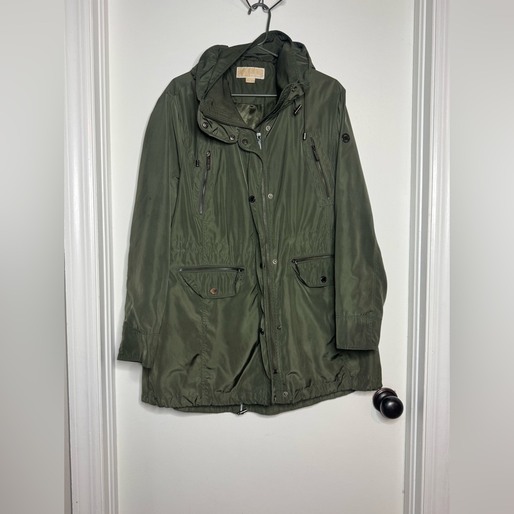 Michael Kors Olive Green Double Collar Hooded Women Jacket Size XL